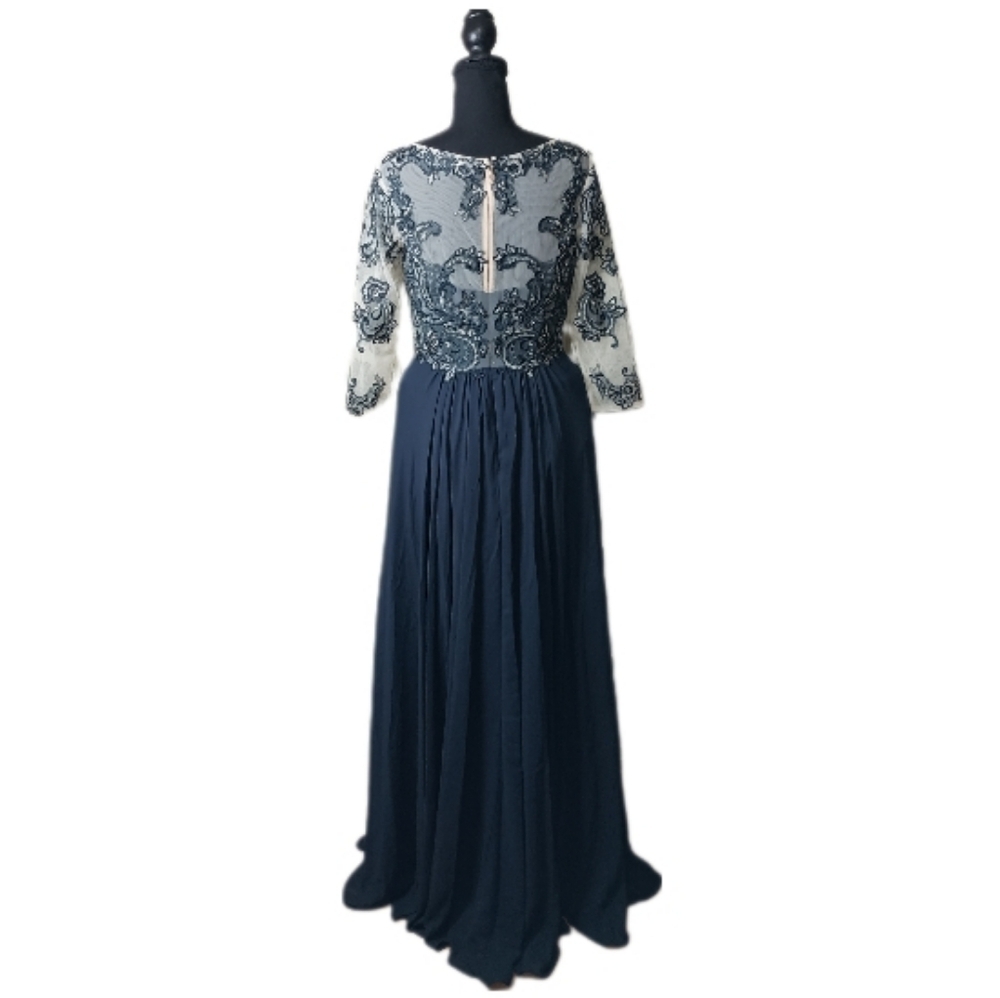 JJ’s House Dark Navy Chiffon Lace Beaded Gown – Size 10 - Picture 3 of 16